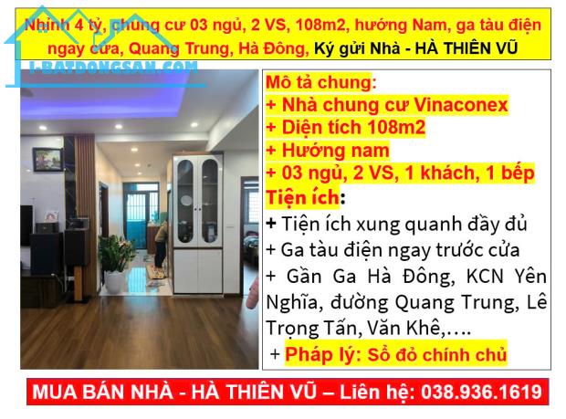 Nhỉnh 4 tỷ, chung cư 03 ngủ, 2 VS, 108m2, hướng Nam, ga tàu ngay cửa, Quang Trung, Hà Đông - 5