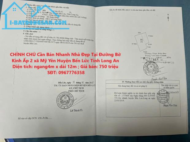 CHÍNH CHỦ Cần Bán Nhanh Nhà Đẹp Tại Đường Bờ Kinh Ấp 2 xã Mỹ Yên Huyện Bến Lức Tỉnh Long