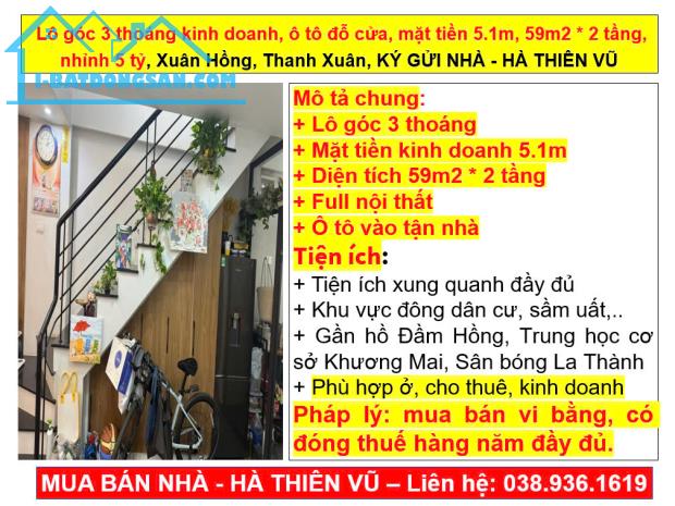 Lô góc 3 thoáng kinh doanh, ô tô đỗ cửa, mặt tiền 5.1m, 59m2, 5 tỷ, Xuân Hồng, Thanh Xuân - 5