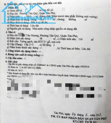 🏡 Bán Nhà 2MT Hẻm 6m Tân Hương, Quận Tân Phú - 4x15m, 1 Lầu Đúc BTCT Giá 5.8 Tỷ