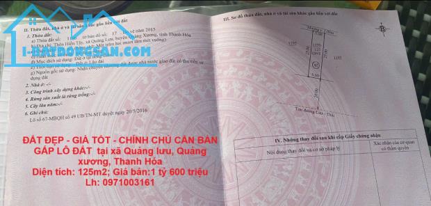 ĐẤT ĐẸP - GIÁ TỐT - CHÍNH CHỦ CẦN BÁN GẤP LÔ ĐẤT  tại xã Quảng lưu, Quảng xương, Thanh Hóa