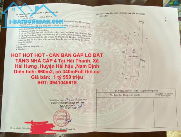 HOT HOT HOT - CẦN BÁN GẤP LÔ ĐẤT TẶNG NHÀ CẤP 4 Tại Hải Thanh, Xã Hải Hưng ,Huyện Hải hậu