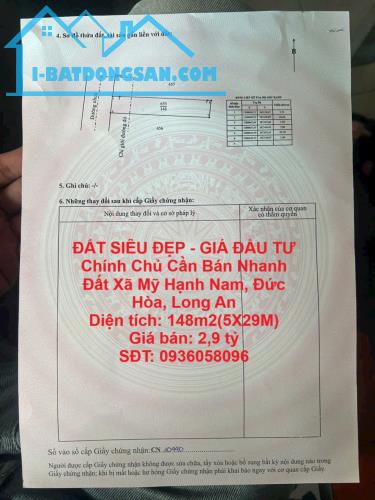 ĐẤT SIÊU ĐẸP - GIÁ ĐẦU TƯ Chính Chủ Cần Bán Nhanh Đất Xã Mỹ Hạnh Nam, Đức Hòa, Long An