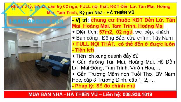 Nhỉnh 3 tỷ, 57m2, căn hộ 02 ngủ, FULL nội thất, KĐT Đền Lừ, Tân Mai, Hoàng Mai, Tam Trinh, - 5