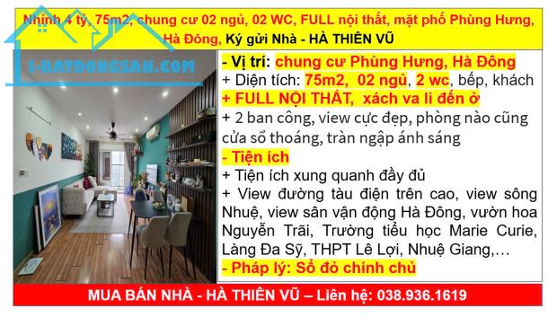 Nhỉnh 4 tỷ, 75m2, chung cư 02 ngủ, 02 WC, FULL nội thất, mặt phố Phùng Hưng, Hà Đông, Ký g - 5