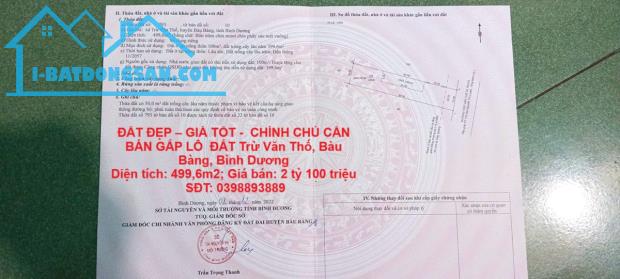 ĐẤT ĐẸP – GIÁ TỐT -  CHÍNH CHỦ CẦN BÁN GẤP LÔ  ĐẤT Trừ Văn Thố, Bàu Bàng, Bình Dương