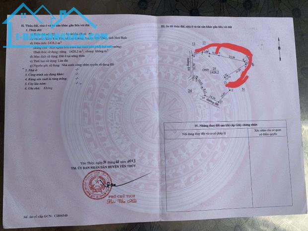 BÁN ĐẤT NGHĨ DƯỠNG HOÀ BÌNH FULL 1428M2 THỔ CƯ, OTo VÀO TẬN ĐẤT
