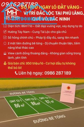 CHÍNH CHỦ CẦN BÁN LÔ ĐẤT 2 MẶT TIỀN ĐẸP THÔN AN TRẠCH, PHÙ LÃNG, QUẾ VÕ, BẮC NINH