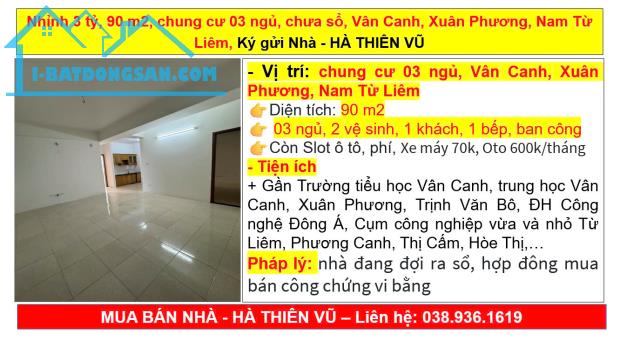Nhỉnh 3 tỷ, 90 m2, chung cư 03 ngủ, chưa sổ, Vân Canh, Xuân Phương, Nam Từ Liêm,Ký gửi Nha - 5
