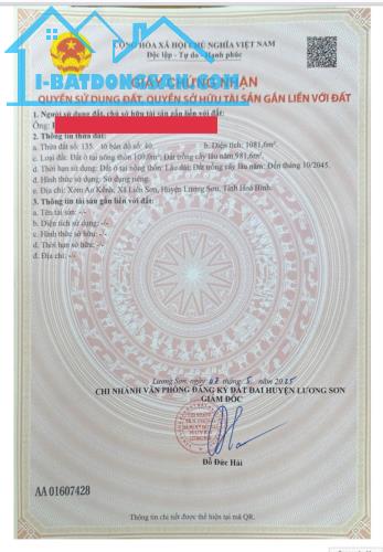 Bán 1081m2 lô góc 2 mặt tiền tại chợ quán trắng , liên sơn, lương sơn