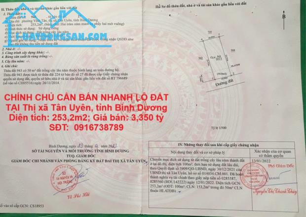 CHÍNH CHỦ CẦN BÁN NHANH LÔ ĐẤT  TẠI Thị xã Tân Uyên, tỉnh Bình Dương
