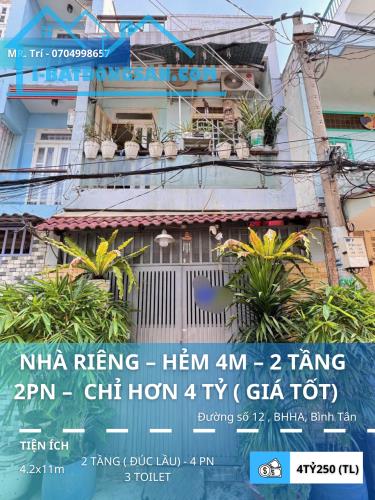 Nhà riêng 2PN đường số 12 Bình Hưng Hòa A , 48m2 – SHR, hẻm 4m, 4.25 tỷ