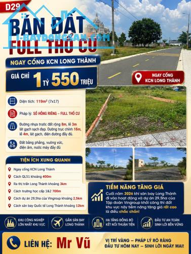 D29 | BÁN ĐẤT FULL THỔ CƯ NGAY CỔNG KCN LONG THÀNH – CHỈ 1,55 TỶ